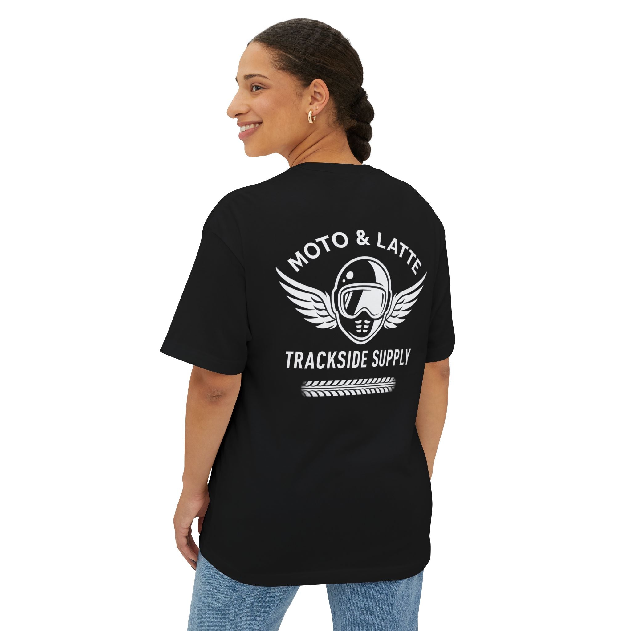 Unisex Oversized Boxy Tee with Vintage Moto & Latte Design